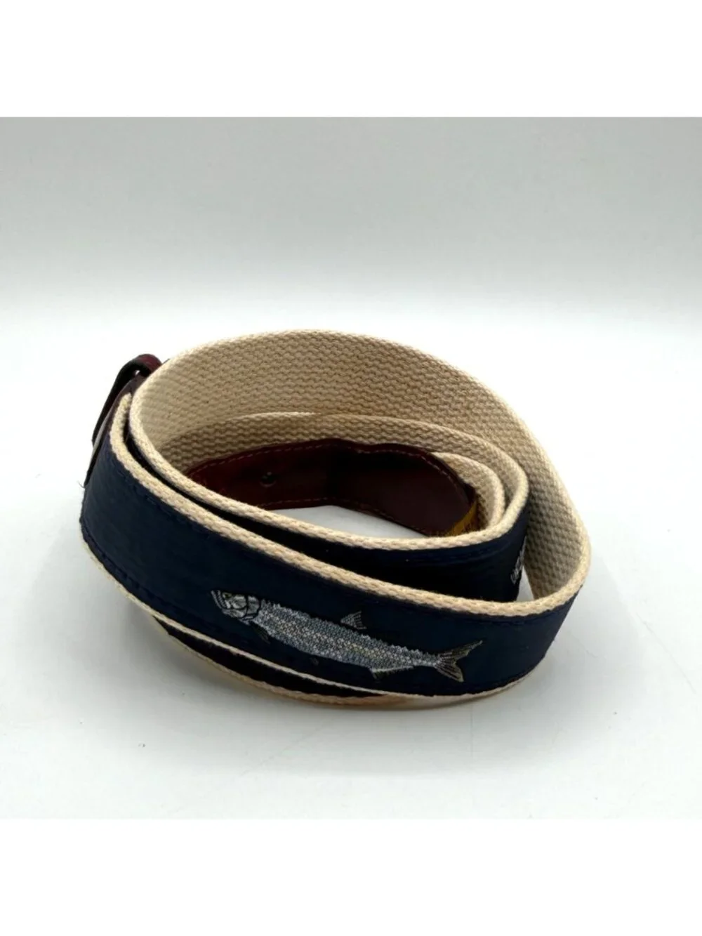 Vintage Barrons-Hunter Canvas & Leather Navy Blue Fish Print Belt Preppy Size 44